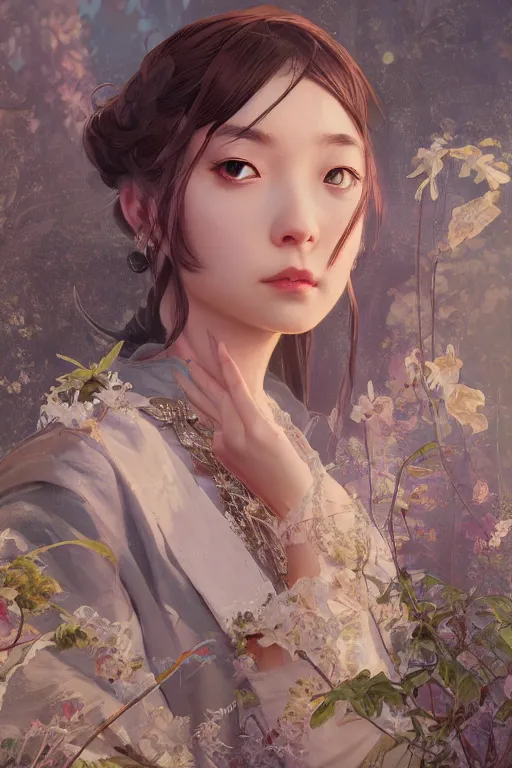 Image similar to portrait online game genshin character MONA, in ruined fantasy world Sunrise, ssci-fi, fantasy, intricate, very beautiful and elegant, highly detailed, digital painting, artstation, concept art, smooth and sharp focus, illustration, art by tian zi and WLOP and alphonse mucha