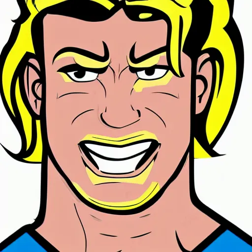 Image similar to pop art cartoon style, strong male, superhero, male with sharp chin, big smile, cartoon network, portrait