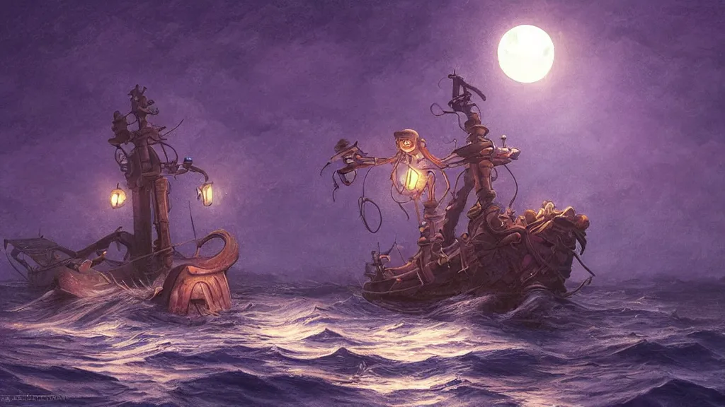 Image similar to a large!! surfacing anglerfish!!!! meets a lantern - holding!!!! sailor!!!! on a ( sloop ), ( background with large full moon and purple sky ), in the styles of greg rutkowski, jorge jacinto, and thomas veyrat intricate, accurate details