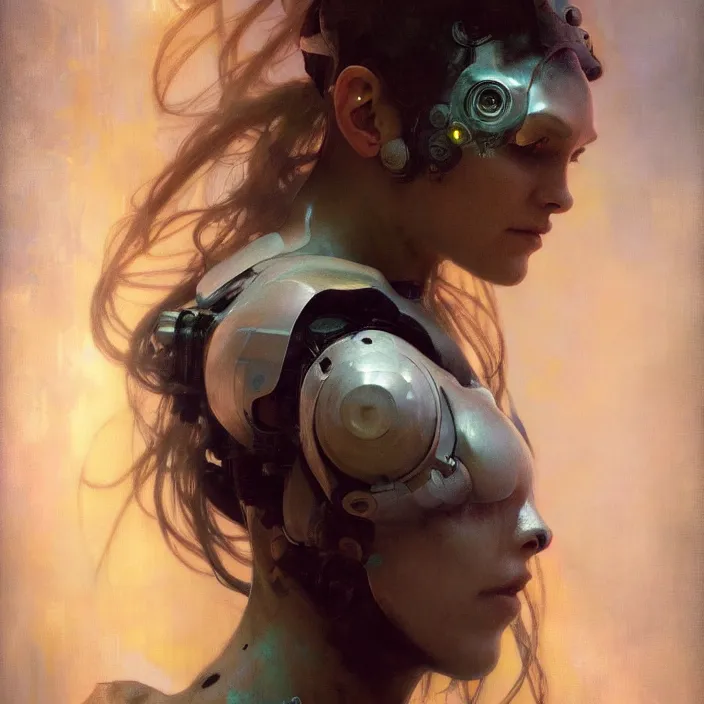 Image similar to hyperrealist portrait of a 2 0 4 4 cyborg female, by jeremy mann and alphonse mucha, fantasy art, photo realistic, dynamic lighting, artstation, poster, volumetric lighting, very detailed faces, 4 k, award winning