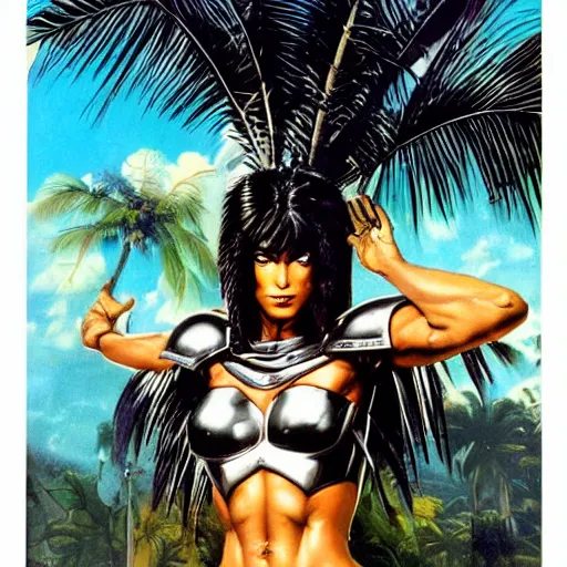 Prompt: 23-year-old muscular warrior girl wearing chrome silver armor, black spandex, electrified hair, wild spiky black hair, wild black hair, yellow eyes, tropical, palm trees, chrome buildings, futuristic base, 1987, Frank Frazetta, pulp art, video game box art, hyper-detailed