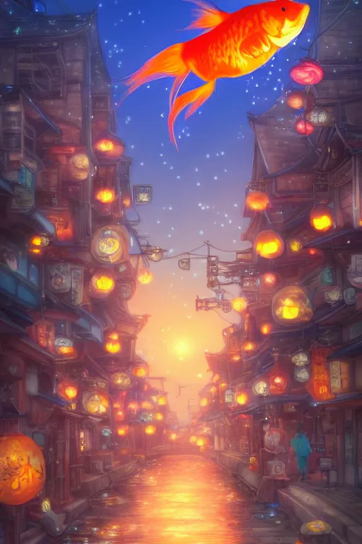 Image similar to fantasy art of glowing goldfish swimming in the air, in the streets of a japanese town at night, with people watching in wonder, in the style of studio ghibli and makoto shinkai, highly detailed digital art, trending on artstation