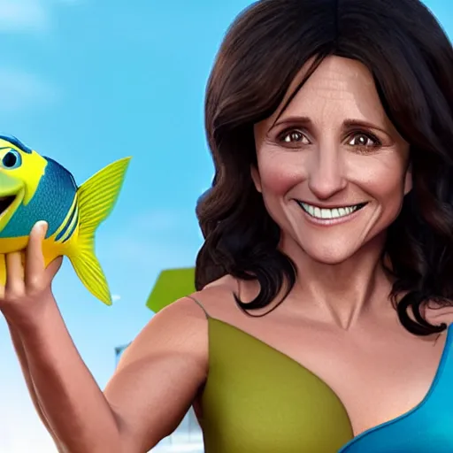 Image similar to julia louis dreyfus as a pixar character with a fish!!! body, 3 d, octane render