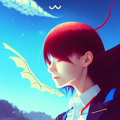 Prompt: giant droplets of water floating around rimuru tempest flying with bat wings in the sky, sky blue straight hair, bangs, with amber eyes, red tailcoat, high collar, ultra fine detail, dark theme, digital painting, psychedelic, cinematic, wlop, pixiv, ilya kuvshinov, ross tran