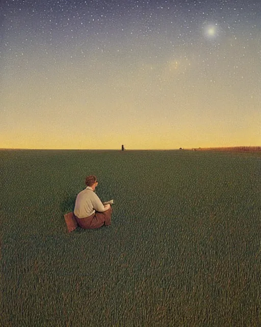 Image similar to man sitting in a huge field star filled night sky, by bo bartlett, wide angle, surreal