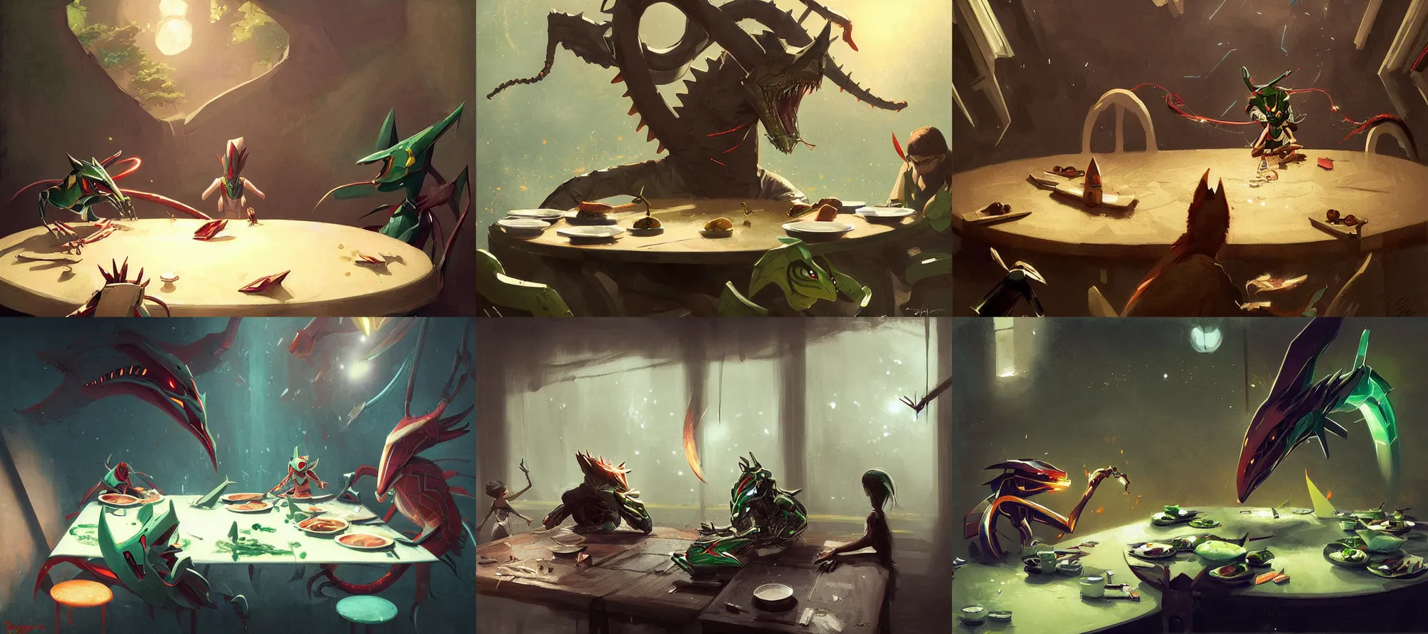 Prompt: rayquaza eating dinner at a table happiness is temporary by greg rutkowski