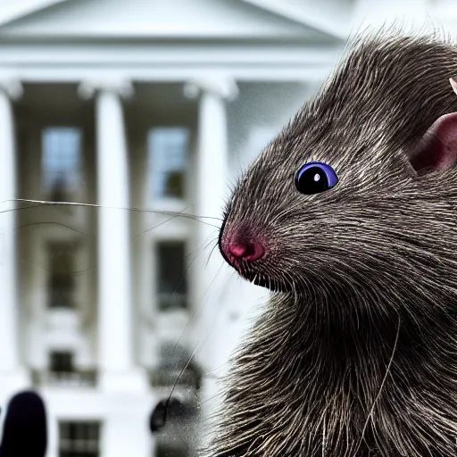 Image similar to 8 k uhd pictures as bunch of sewer rats, protest, animals, front white house, wet, cinematic, higly photorealistic details, highly details form, highly details content