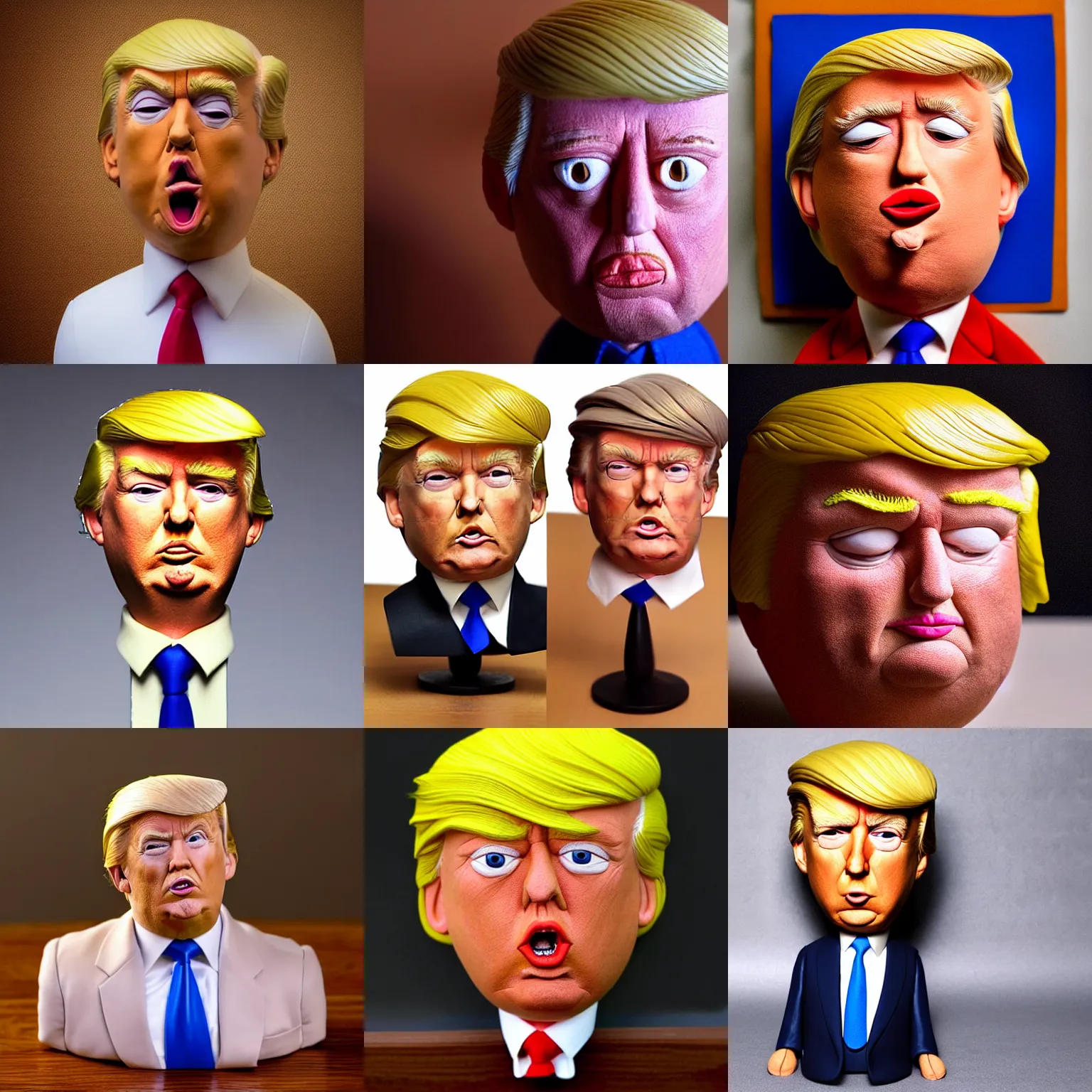 Prompt: low saturation!!donald trump !!! very extremely realistic!!! extreme likeness!!! smooth specular clay! extremely close smooth specular sculpted headshot of donald trump clay puppet , soft light dull mood, low saturation, on wooden table. style: claymation puppet kids clay , by guldies