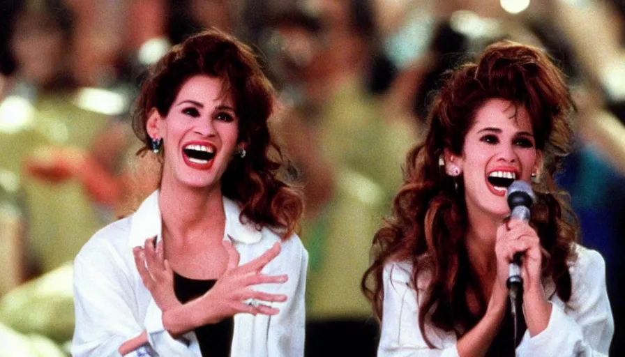 Prompt: Julia Roberts as Selena! singing!! on a stage, 1995 movie, cinematic
