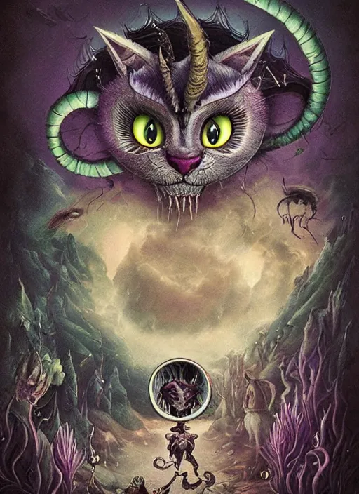 Image similar to cheshire cat the devil tarot card, highly detailed, cinematic, 8 k, bymegan duncanson, benjamin lacombe, naoto hattori, adrian borda, giger, trending on deviantart, hyper detailed, horror, full of colour