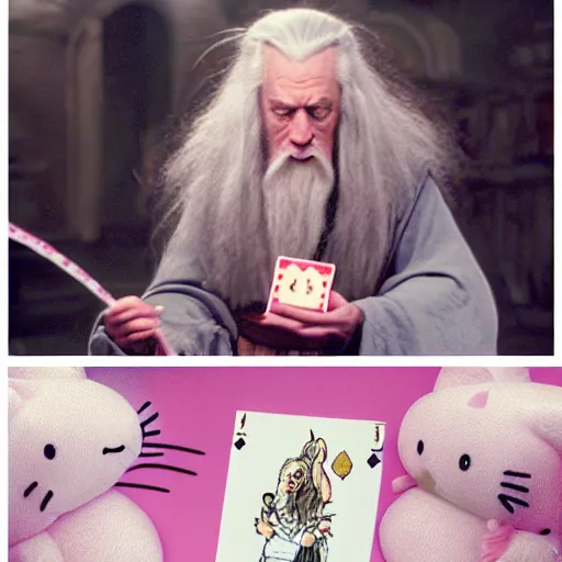 Image similar to portrait of gandalf, Hello Kitty hairdo, holding a blank playing card up to the camera, movie still from the lord of the rings