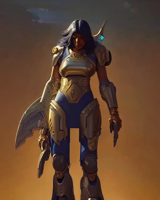 Image similar to pharah from overwatch, character portrait, concept art, intricate details, highly detailed by greg rutkowski, michael whelan and gustave dore