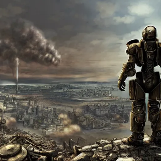 Image similar to man in fallout 3 power armor on a high cliff looking at a nuclear bombed city off in the distance, high resolution fantasy concept art, realistic, intricate details, soft lighting