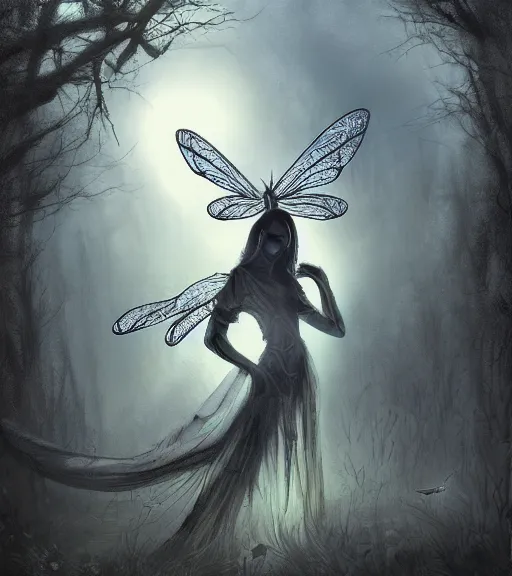 Image similar to gothic fairy with dragonfly wings, digital painting, liminal eerie midnight backlit, a picture taken by Michael Komarck