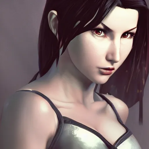 Image similar to A comic book style portrait painting of a Tifa Lockheart in a winter landscape, unreal 5, DAZ, hyperrealistic, octane render, RPG portrait, ambient light, dynamic lighting