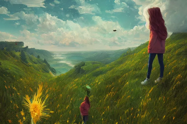 Image similar to giant corn flower as a head, girl standing on cliff, surreal photography, stars, dramatic light, impressionist painting, storm clouds, digital painting, artstation, simon stalenhag