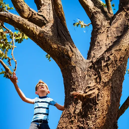 Prompt: bogan kid stuck up a tree, screaming, canon eos r 3, f / 1. 4, iso 2 0 0, 1 / 1 6 0 s, 8 k, raw, unedited, symmetrical balance, wide angle