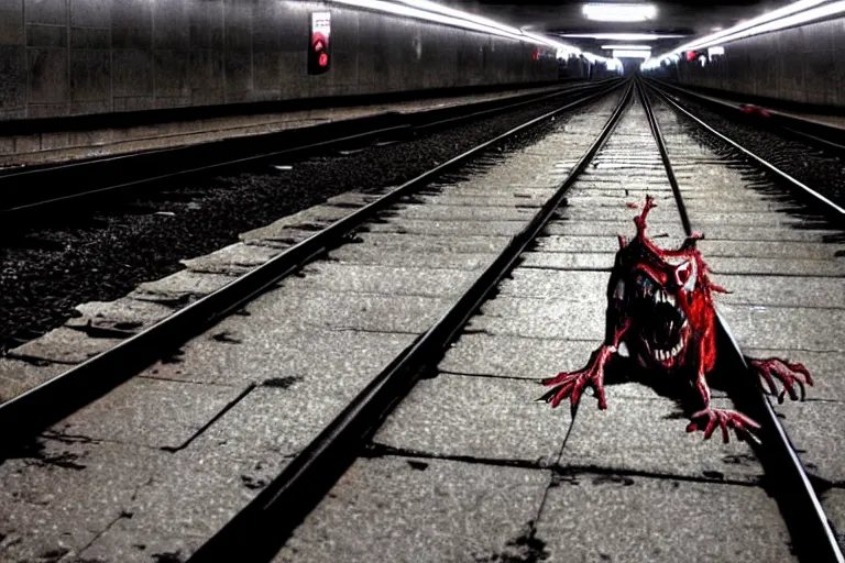 Prompt: very large giant mutant zombie irradiated ( angry rat ) staying on railways in tonnel of moscow subway. extreme high detail, very realistic. extreme long shot, low dark light, scary mood.