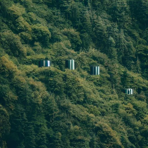 Image similar to sci fi round buildings in a steep sided valley with trees, a sense of hope and optimism, stark light, day time, unsplash, national geographic, hd, high res