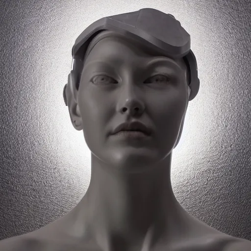 Prompt: a head and shoulders portrait of a female cyborg in her 20s, sculpture made of marble and aluminum, studio photography, cyberpunk lighting