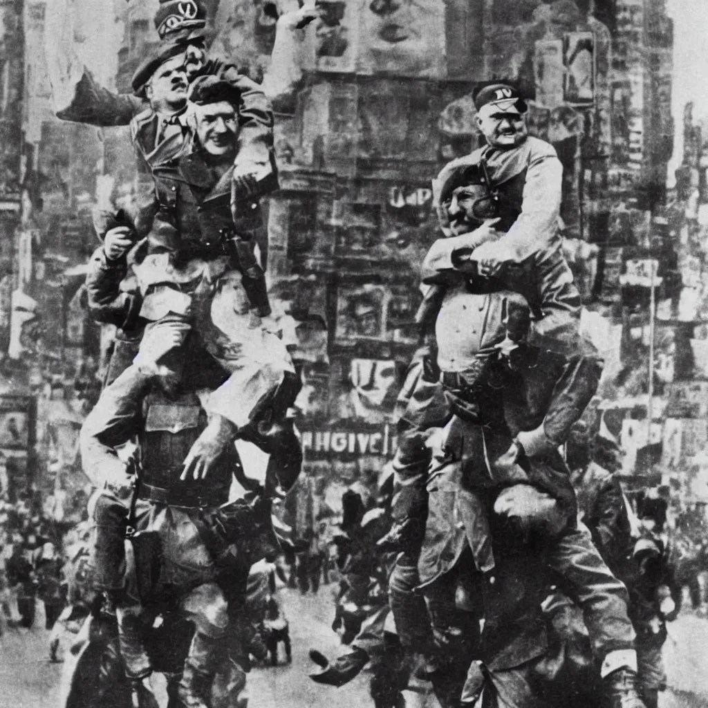 Image similar to adolf hitler riding joseph stalin piggyback on the Times Square