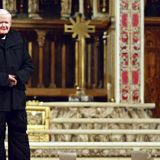 Prompt: john paul ii standing in church in a black puffed nuptse, black cargo pants and high black boots