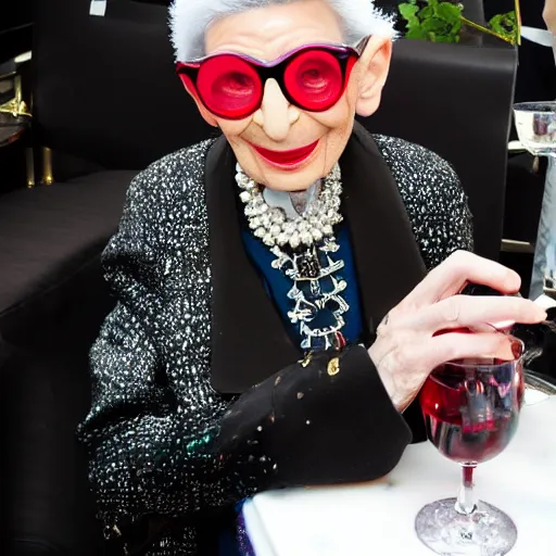 Prompt: a french snail drinking red wine in paris by iris apfel