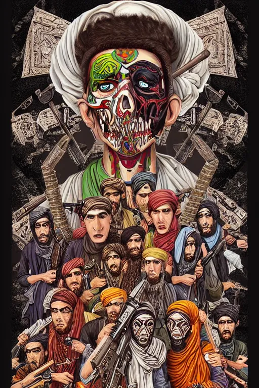 Image similar to taliban anarchy. symmetrical anatomy, very detailed design, complexity of the picture, with pop punk art style, colorful, accompanied by body, pure image without duplication, dribble popular, trending on pixiv, drawn by ilya kuvshinov and darbotz and vinicius gud and gustavo zambelli, intricate, ultra high definition, super scale rendered.