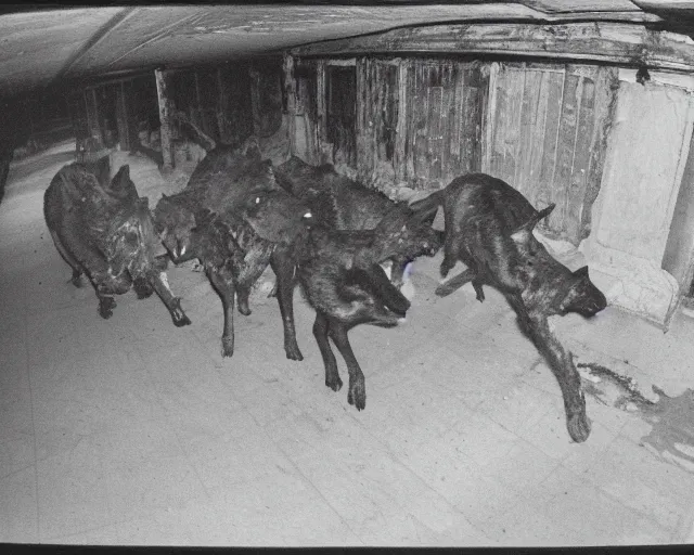 Prompt: camera footage of a Several Feral Black Wolves with severe late stage rabies in an abandoned shopping mall, Wolves Running toward camera :7 , high exposure, dark, monochrome, camera, grainy, CCTV, security camera footage, timestamp, zoomed in, Creepy, Feral, fish-eye lens, Rabid, Dire Wolf, Nightmare Fuel, Wolf, Evil, Stalking, Bite, Motion Blur, horrifying, lunging at camera :4 Blood on floors, windows and walls :5