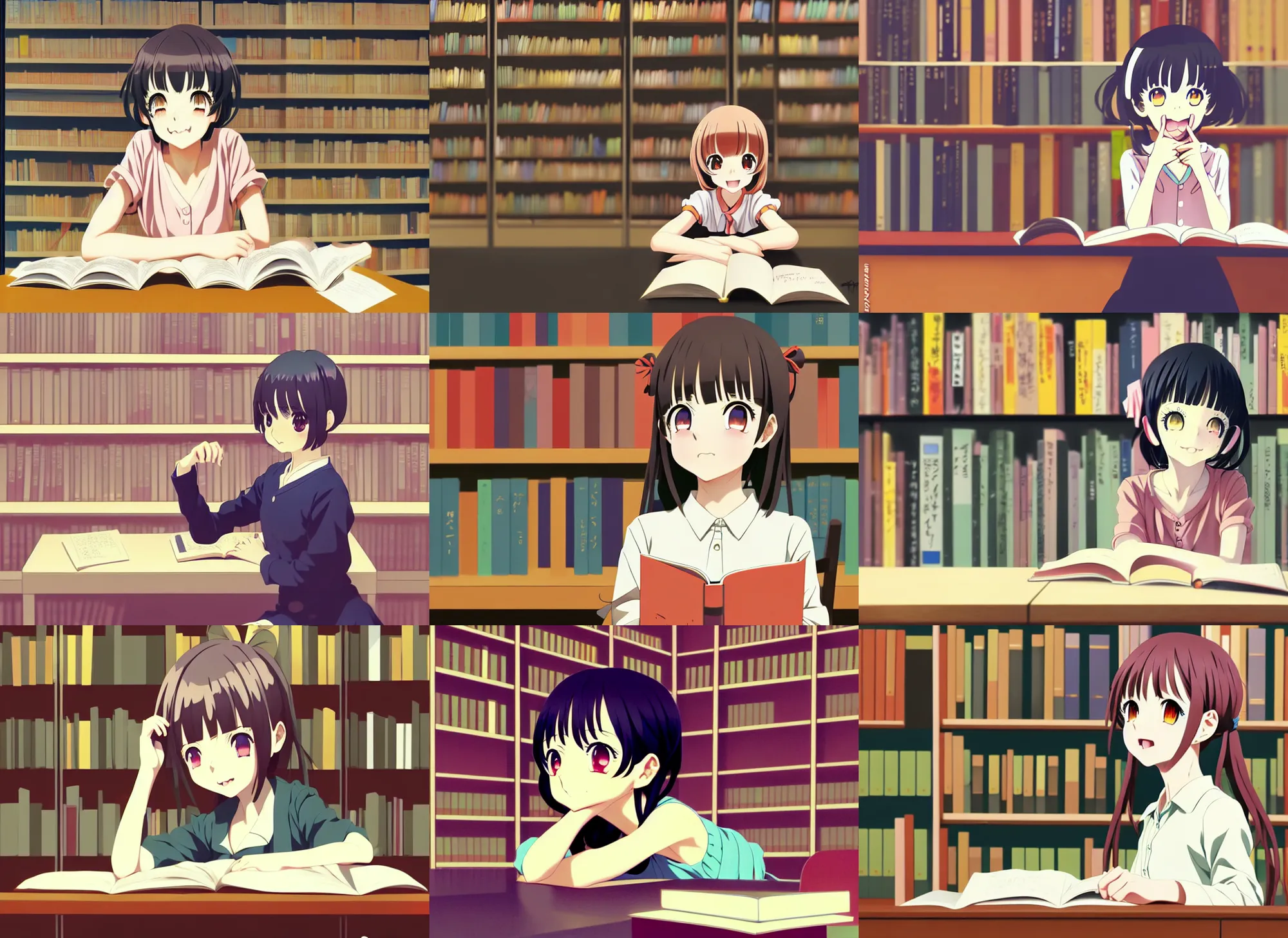 Prompt: anime visual, portrait of a happy young girl in a library interior reading desk, cute face by ilya kuvshinov, yoh yoshinari, dynamic pose, dynamic perspective, cel shaded, flat shading mucha, rounded eyes, moody, shadows, kyoani, natsume yuujinchou, smooth facial features