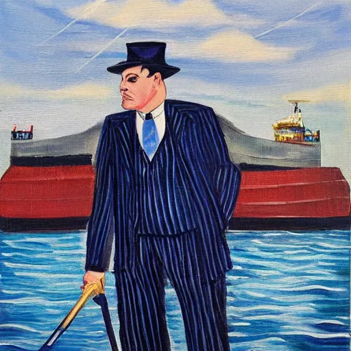Image similar to A large man in a blue pinstripe suit with a cane stepping off of a cargo ship onto the docks, art, painting, villain