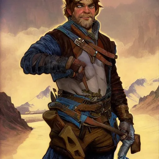 Prompt: full body portrait of scowling halfling male rogue, shifty smile, untrusting paranoid adventurer, fantasy, highly detailed, digital painting, sharp focus, hand - drawn character concept illustration, art by artgerm, john howe and alphonse mucha