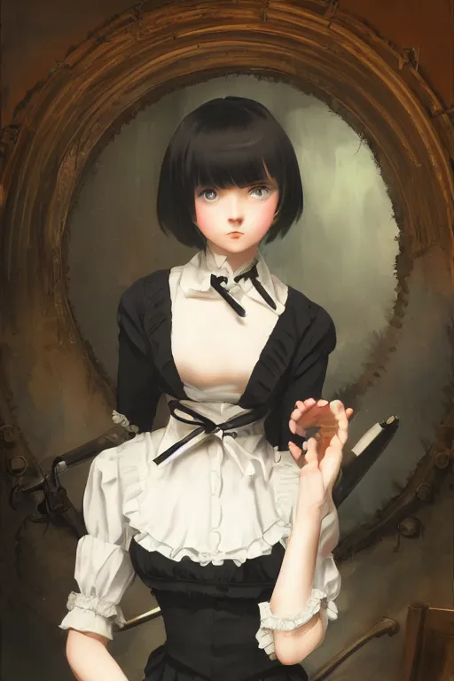 Prompt: a cute young Victorian maid with black bob cut hair, steampunk setting, vivid colors, soft lighting, atmospheric, cinematic, moody, in the style of Ilya Kuvshinov and Range Murata, Krenz Cushart, oil on canvas, 8k