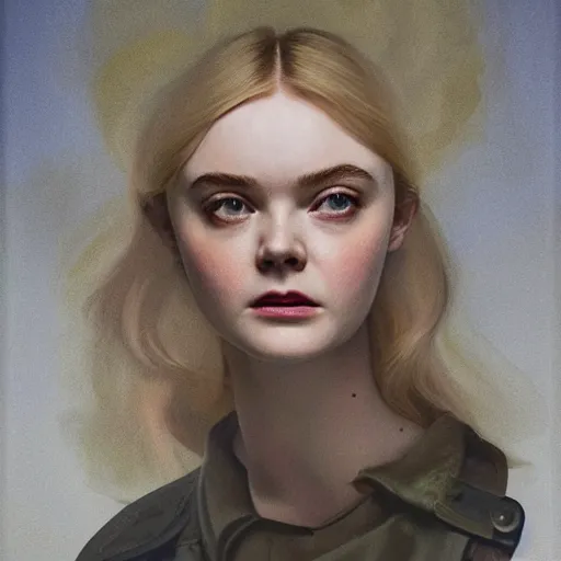 Prompt: Elle Fanning holding a sniper rifle in the style of Paola Vetri, head and shoulders portrait, stormy weather, extremely detailed masterpiece, oil on canvas, low-key neon lighting, artstation, Blade Runner 2049, Roger Deakin’s cinematography, by J. C. Leyendecker and Peter Paul Rubens and Edward Hopper and Michael Sowa,