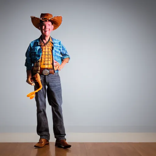 Prompt: Photo of a man dressed as Woody from Toy Story, Rembrandt lighting, 85mm lens