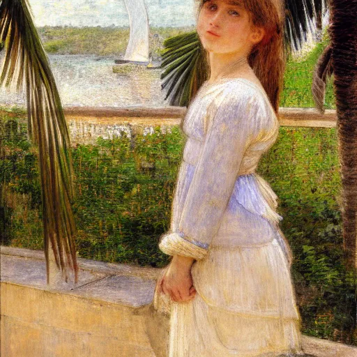 Image similar to a ultradetailed beautiful painting of a girl in the amazonas palace balustrade designed by jules bastien - lepage, hans belmer, frank weston and gustave baumann, beach, trending on artstation, mediterranean, palm trees, refracted color sparkles, sharp focus, soft light, 8 k 4 k