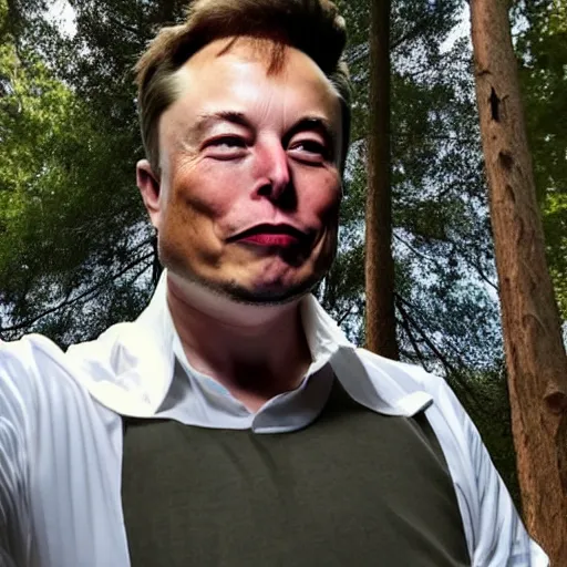 Image similar to elon musk taking a selfie in the forest, extremely detailed