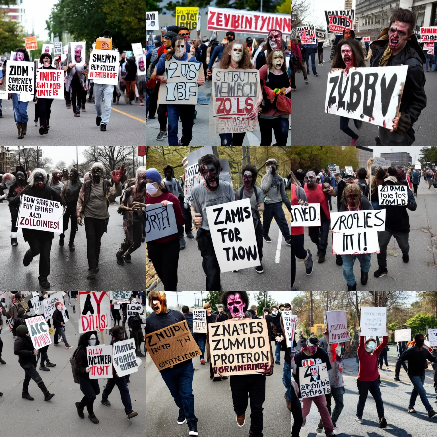 Prompt: zombies carrying protestor signs