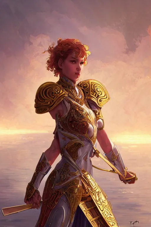 Prompt: knights of zodiac girl, golden and copper armor, karate fighting in ruined agora of athens sunrise, ssci - fi and fantasy, intricate and very very beautiful and elegant, highly detailed, digital painting, artstation, concept art, smooth and sharp focus, illustration, art by tian zi and wlop and alphonse mucha