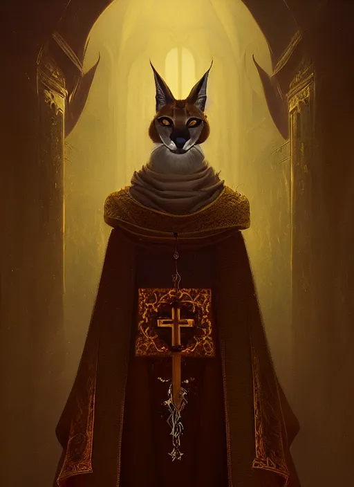 Image similar to surrealistic closeup portrait of anthropomorphic caracal in golden priest clothes wearing vr in orthodox church, bokeh, foggy, dynamic lighting, darkness, ambients, dramatic, foggy, heavy bokeh and blur, cinematic, depth of field, art by bussiere rutkowski andreas rocha