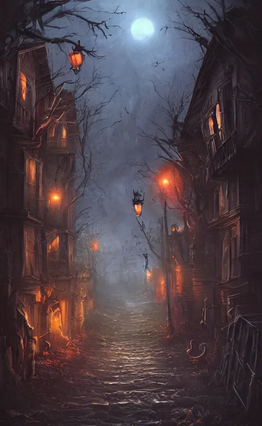 Image similar to dark fantasy concept art of a neighbor hood view at night of a Halloween decorated street, dynamic lighting, photorealistic, cinematic, ultra detailed, trending on art station, creepy, lonely vibe, stunning visuals, extreme detail, eery vibe