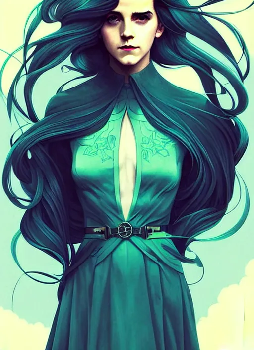 Image similar to style artgerm, joshua middleton, emma watson with green dress, very long blue hair, swirling, symmetrical face, symmetrical eyes, steampunk western gunslinger, cinematic lighting