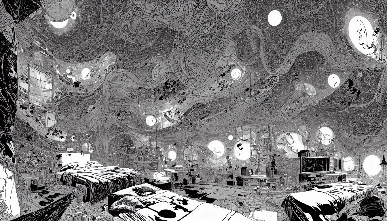 Image similar to epic bedroom by nicolas delort, moebius, victo ngai, josan gonzalez, kilian eng