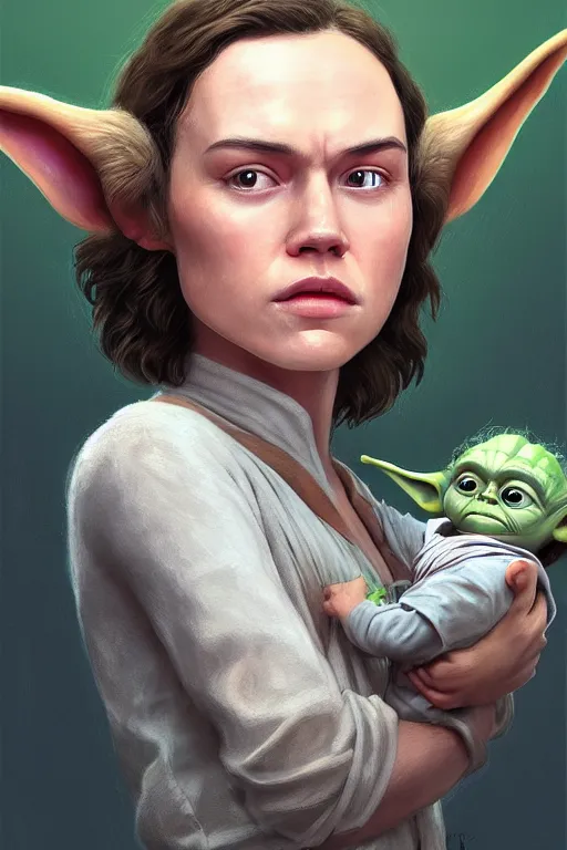 Prompt: Portrait of Daisy Ridley and Yoda's child, Yoda and Daisy Ridley child morph, digital painting, realistic shaded, realistic shaded lighting, fan art, pixiv, by Ilya Kuvshinov, morph dna, face morph, magali villeneuve, Artstation, by Jeremy Lipkin and by Michael Garmash and by Rob Rey