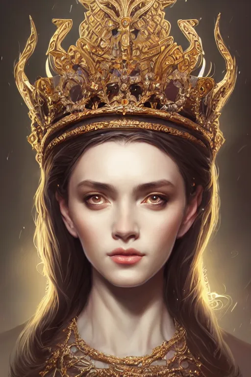 Prompt: highly detailed portrait of an elegant goddess, ornate crown, beautiful symmetrical face, digital painting, artstation, concept art, smooth, clear focus, illustration, greg rutkowski, artgerm, global lighting, detailed and fantasy