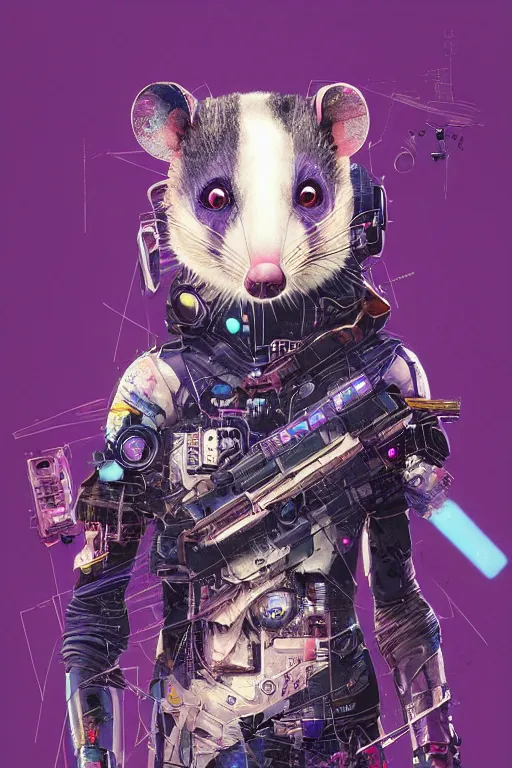 Image similar to a beautiful portrait of a cute cyberpunk opossum by sandra chevrier and greg rutkowski and wlop, purple blue color scheme, high key lighting, volumetric light, digital art, highly detailed, fine detail, intricate, ornate, complex, octane render, unreal engine, photorealistic