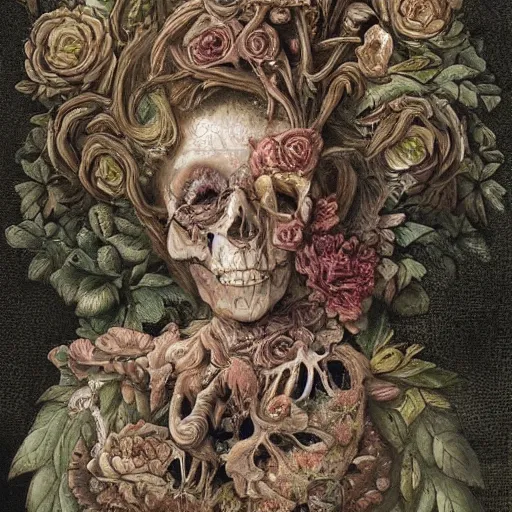 Image similar to a beautiful detailed front view rococo portrait of a rotten woman corpse becoming almost a skull with face muscles, veins, arteries, fractal plants and fractal flowers and mushrooms growing around, intricate, ornate, volumetric light, beautiful lit, beetlejuice