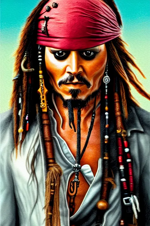 Image similar to photorealistic, highly detailed, Jack Sparrow in a casino, piña colada