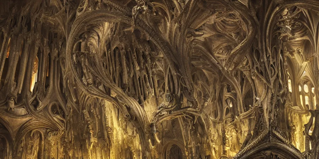 Image similar to la sagrada familia reconverted, reversed by alien queen xenomorf, deep focus, intricate, elegant, highly detailed, digital painting, concept art, matte, sharp focus, illustration, art by antoni gaudi and hans ruedi giger