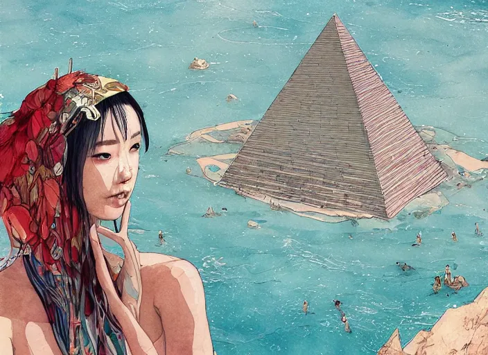 Image similar to lee jin - eun in luxurious dress emerging from turquoise water in egyptian pyramid city during an eclipse by conrad roset, m. k. kaluta, martine johanna, rule of thirds, elegant look, beautiful, chic, face anatomy, cute complexion